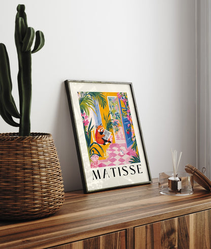 Tropical-inspired scene with a red panda on the toilet in bright colors.