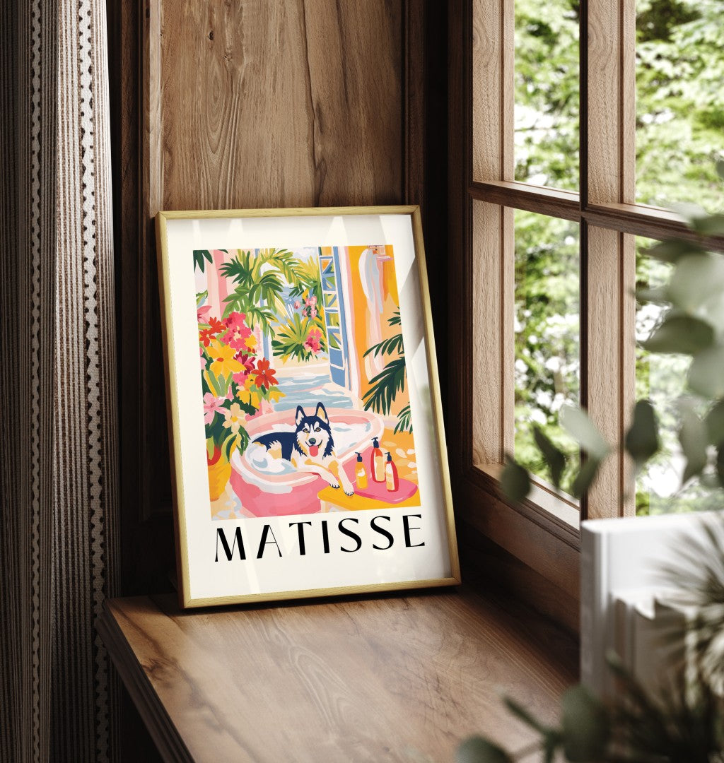 Colorful Matisse-style art print featuring a husky in a vibrant bathroom.
