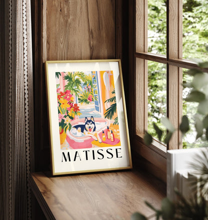 Colorful Matisse-style art print featuring a husky in a vibrant bathroom.