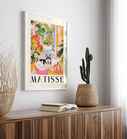 Playful tropical wall art of a husky in a sunny floral scene.