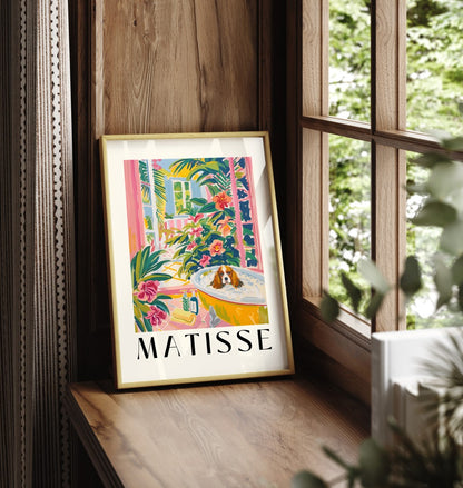 Matisse-style framed print of a Cavalier King Charles Spaniel in a colorful bathroom scene.