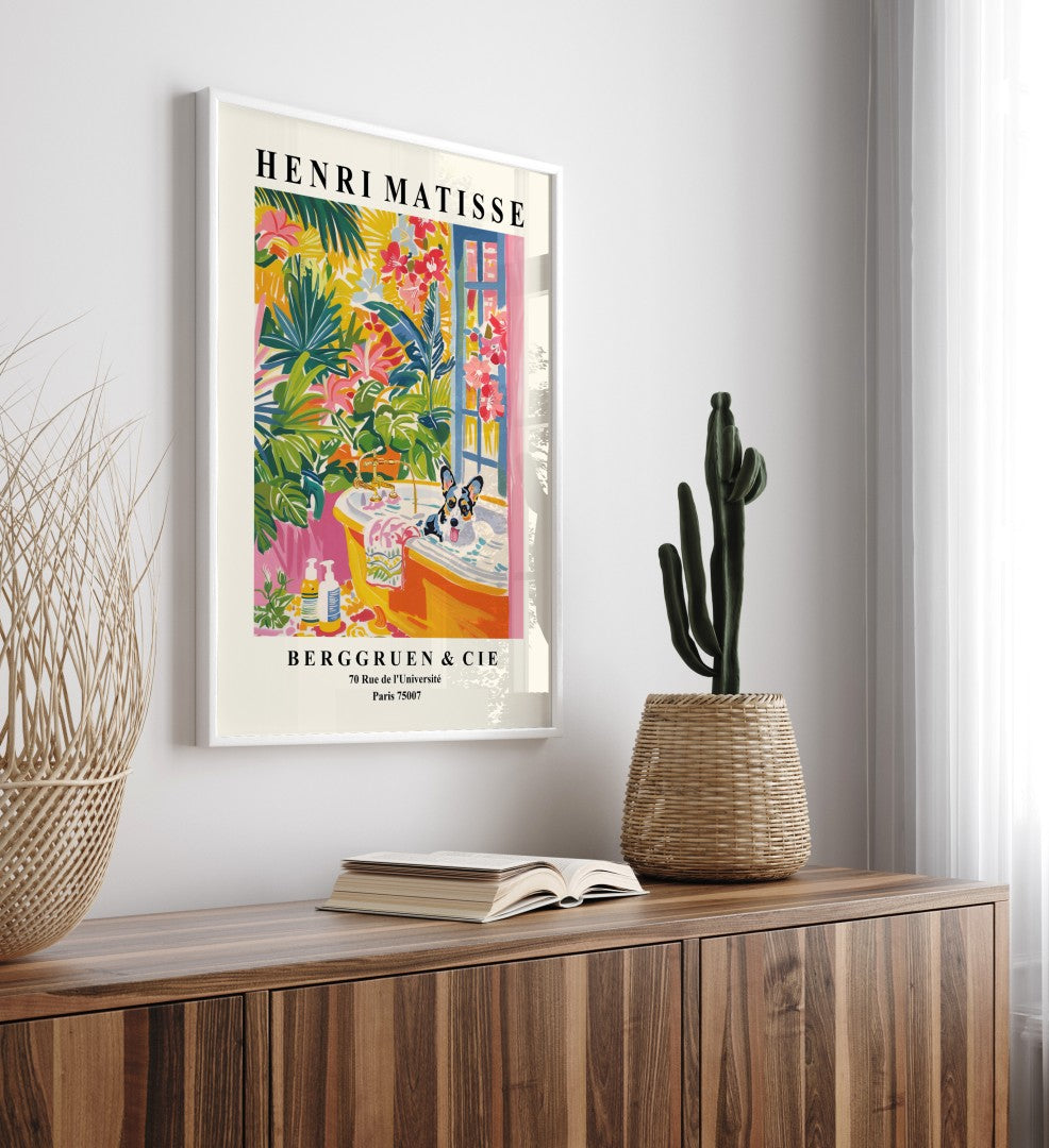 Tropical bathroom framed artwork of a Cardigan Corgi with vivid plants and flowers.