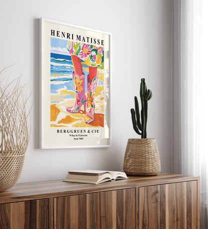 Coastal wall art framed print with cowgirl boots and ocean waves