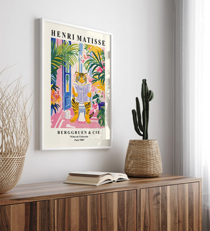 Matisse-inspired framed print featuring a tiger in a lively bathroom scene.