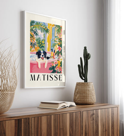 Tropical framed wall art featuring a Border Collie in a colorful bath scene.