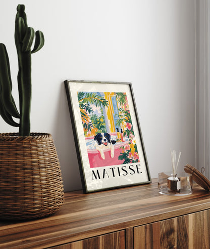 Bright and whimsical framed print of a Border Collie soaking in a pink tub.