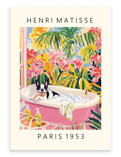 French Bulldog relaxing in a pink bathtub surrounded by tropical plants.