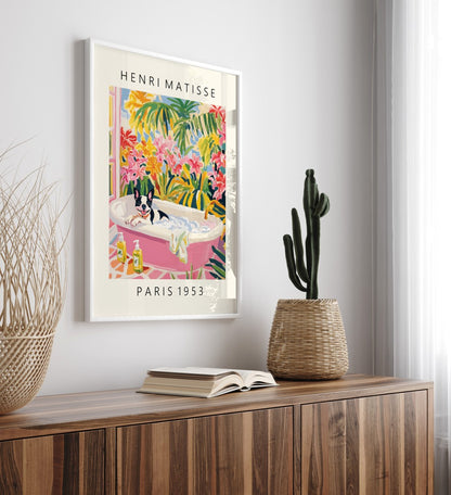 Tropical framed wall art featuring a French Bulldog in a vibrant bath scene.