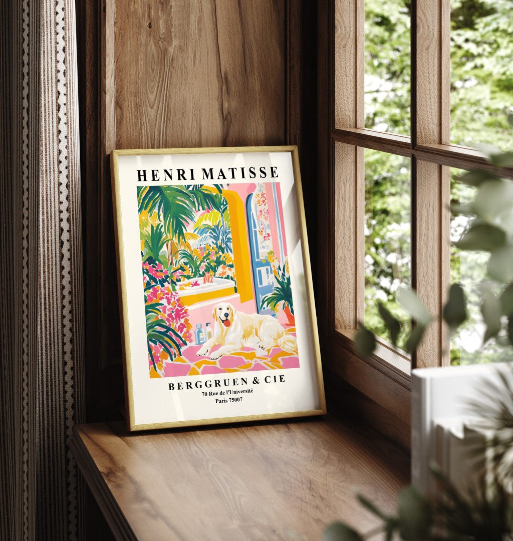 Matisse-inspired framed print featuring a Great Pyrenees resting among lush foliage.
