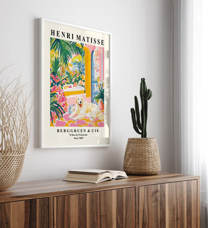 Tropical art print of a Great Pyrenees in a colorful, plant-filled setting.