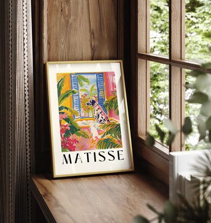 Matisse-inspired framed print of a Great Dane in a vibrant tropical room.
