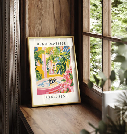 Matisse-inspired framed print of a pug enjoying a bubble bath.