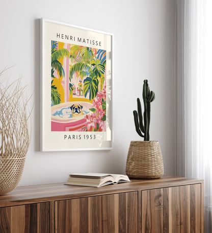 Colorful wall art featuring a pug in a tropical interior scene.