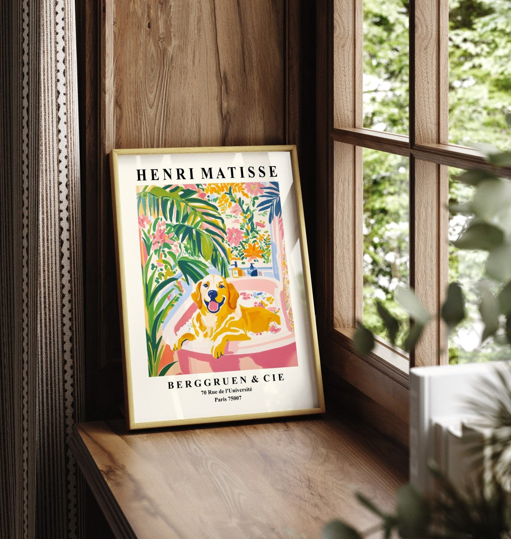 Matisse-inspired framed print of a Golden Retriever enjoying a bath.