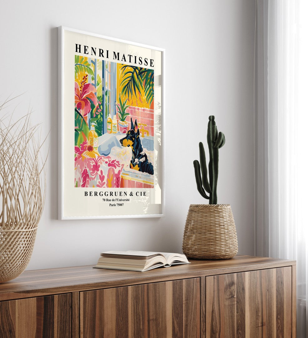 Colorful wall art featuring a Doberman in a tropical bathroom scene.