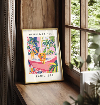 Matisse-inspired framed print featuring a dachshund enjoying a bath.