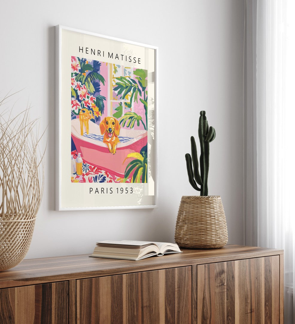 Colorful wall art of a dachshund in a tropical-style bathroom.
