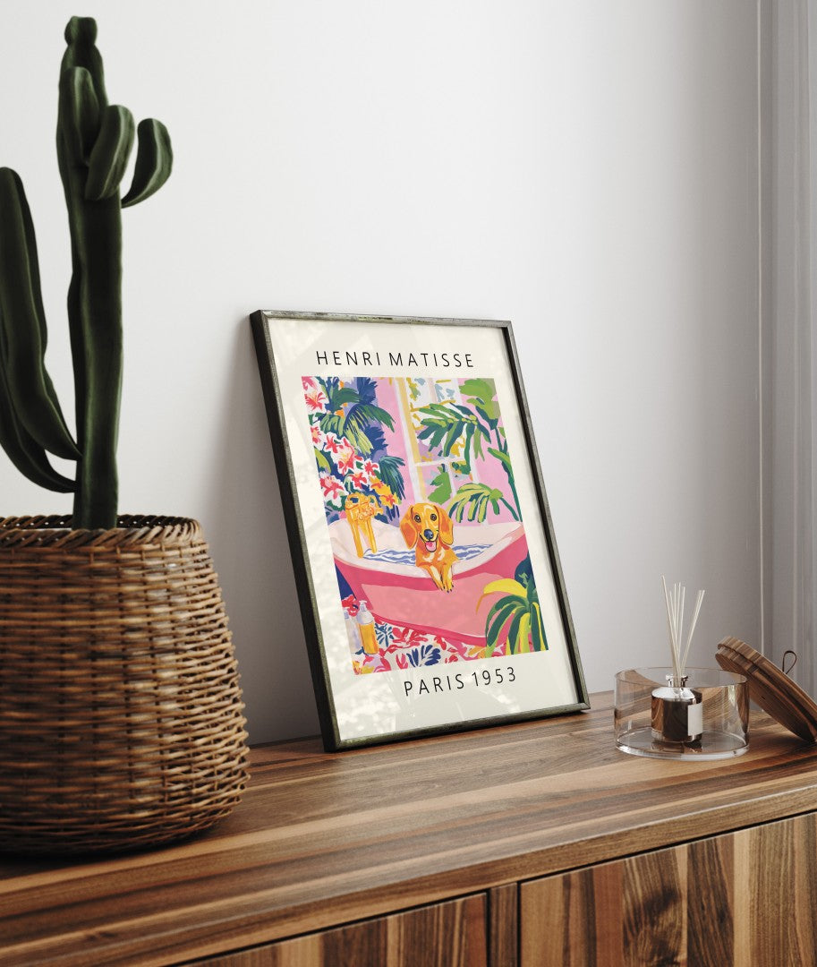 Framed artwork of a cheerful dachshund in a vibrant, plant-filled interior.