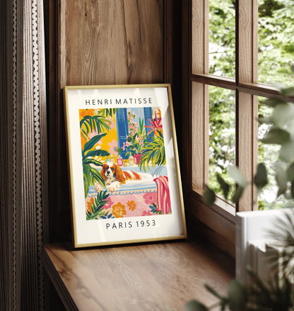 Matisse-inspired framed print of a Cavalier King Charles Spaniel in a colorful bathroom.