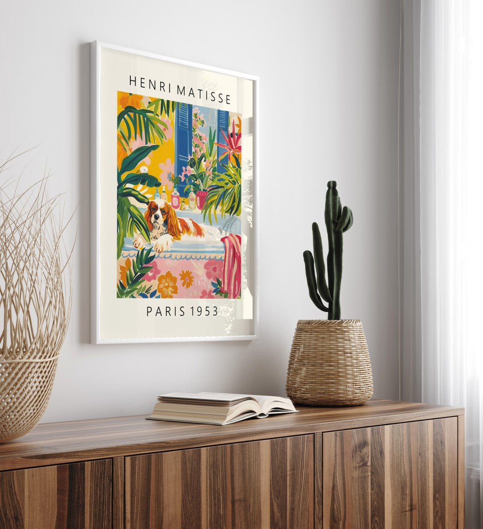 Bright wall art depicting a Cavalier King Charles Spaniel in a plant-filled interior.