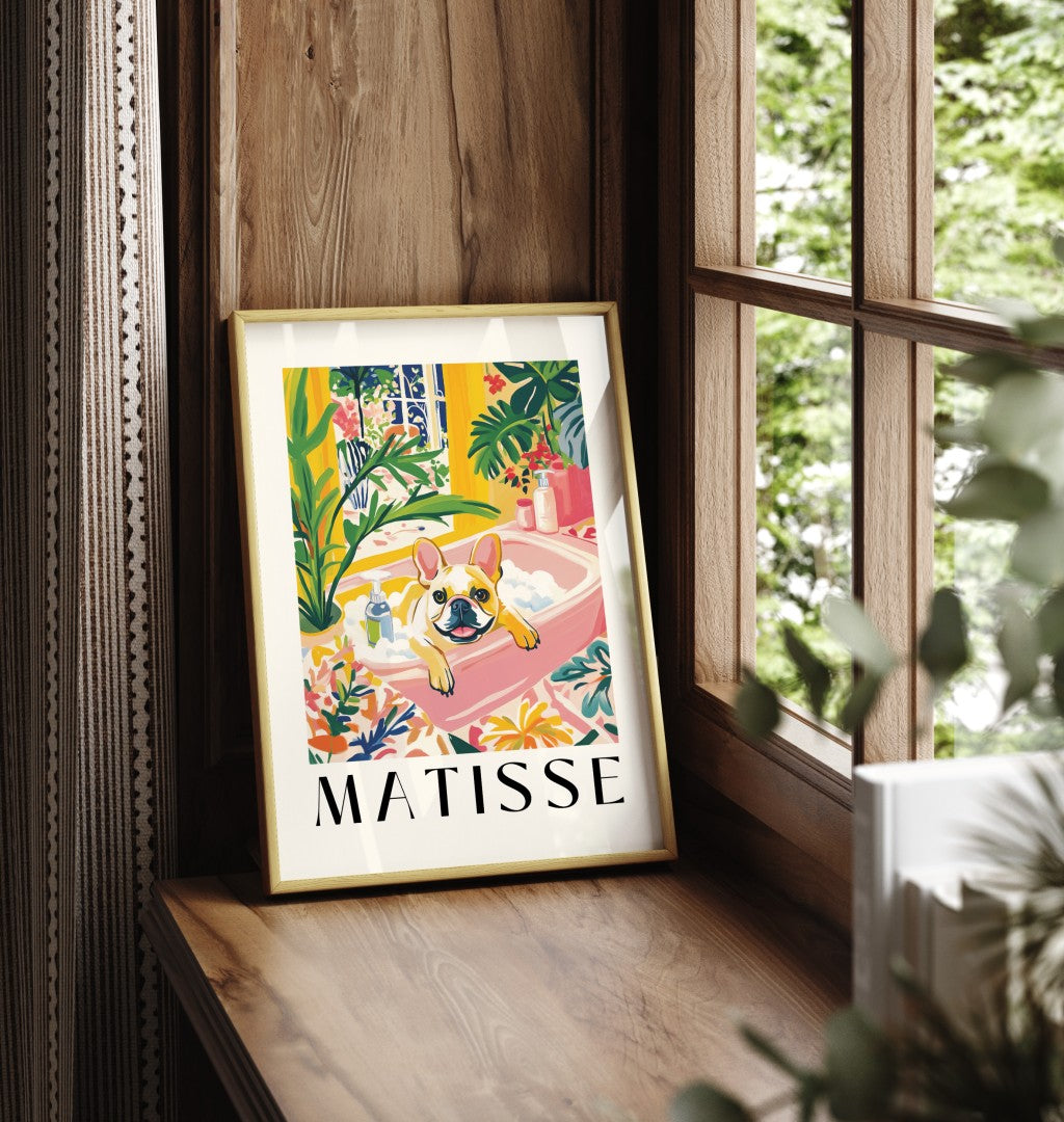 Matisse-inspired framed print of a French Bulldog enjoying a bath.