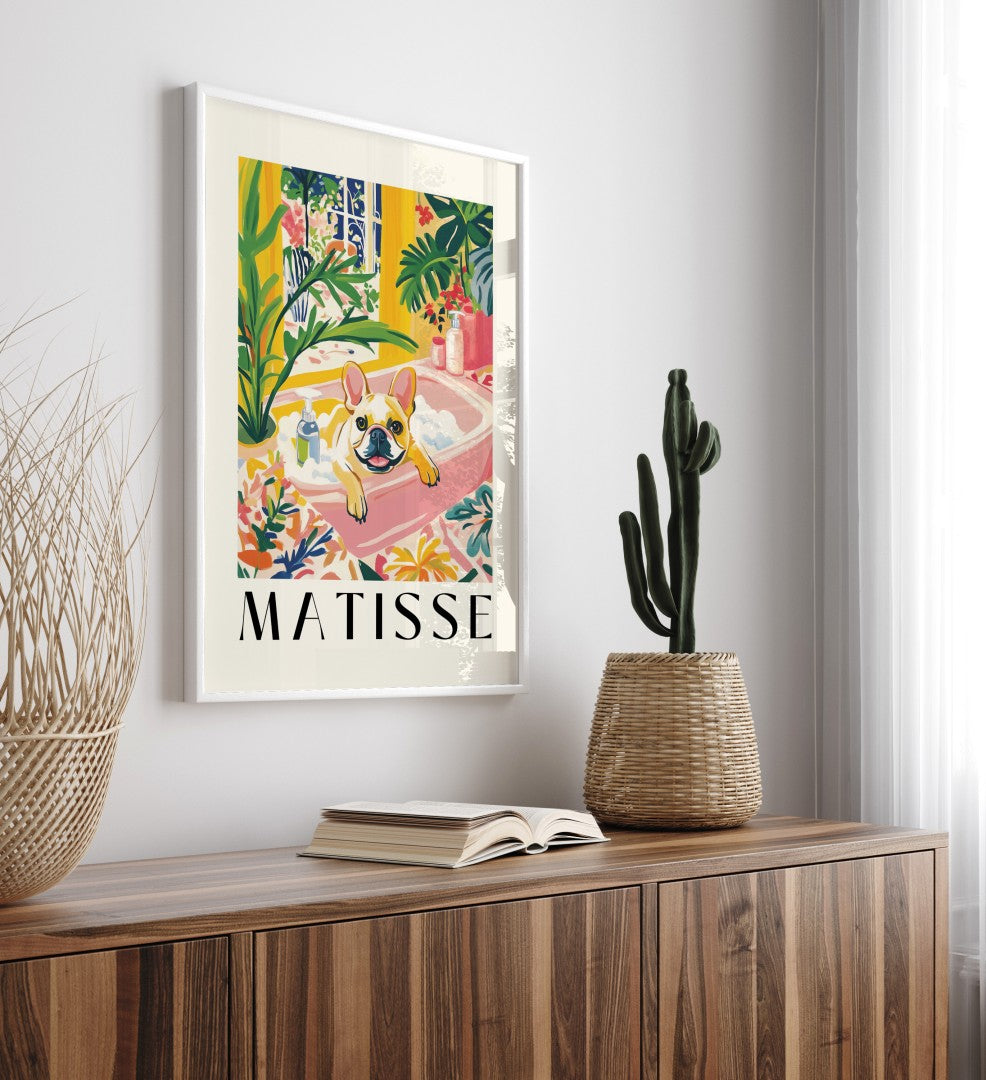 Colorful wall art featuring a French Bulldog in a tropical-themed bathroom.