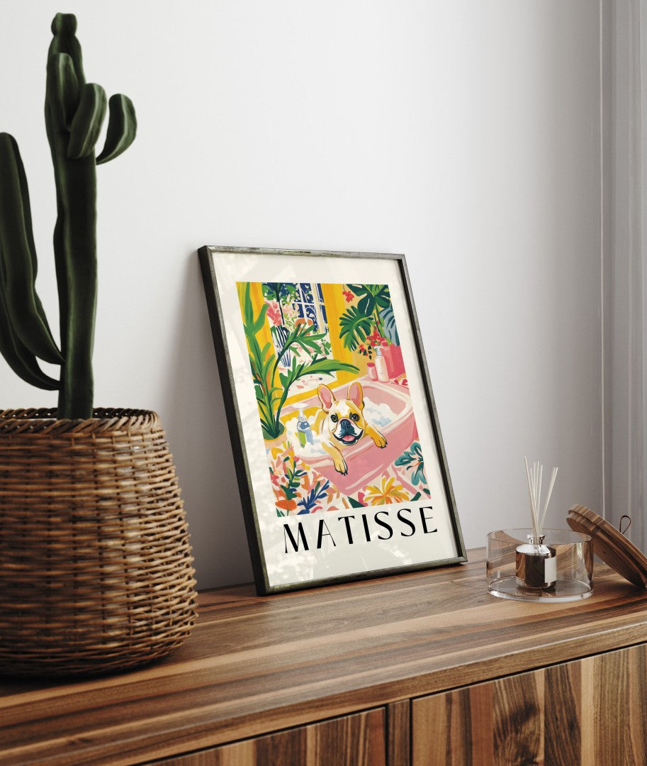 Framed artwork of a French Bulldog with lush greenery and vibrant flowers.