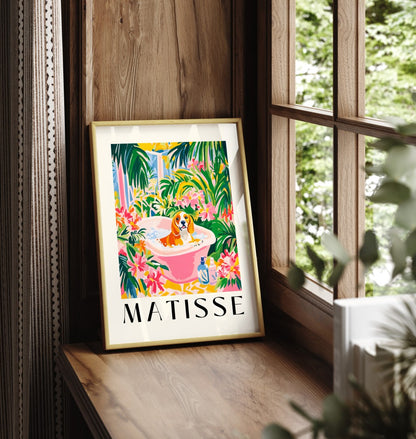 Matisse-inspired framed print featuring a beagle in a bubble bath.
