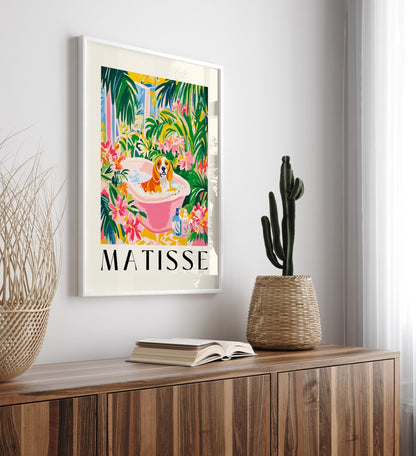Colorful wall art of a beagle relaxing in a lush tropical bathroom.
