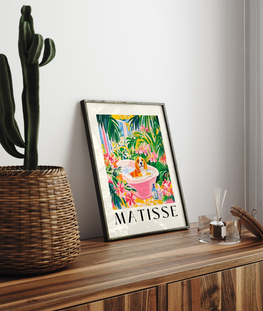 Framed artwork showing a beagle in a vibrant, plant-filled interior.