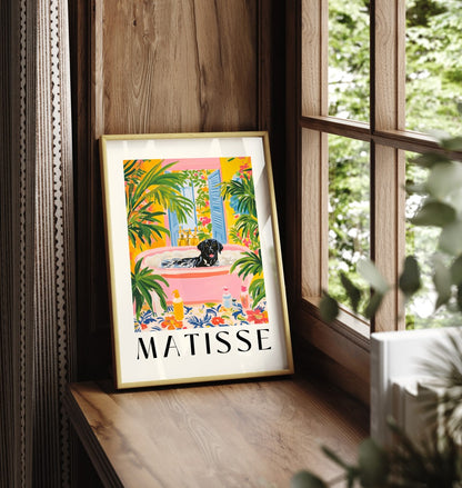Matisse-inspired framed print of a black Labrador enjoying a bubble bath.