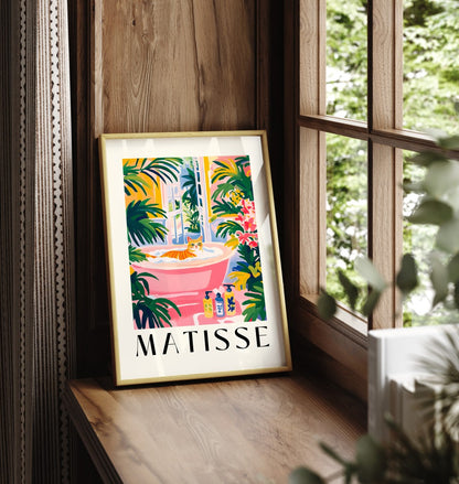 Matisse-inspired framed print of a cat in a colorful interior scene.