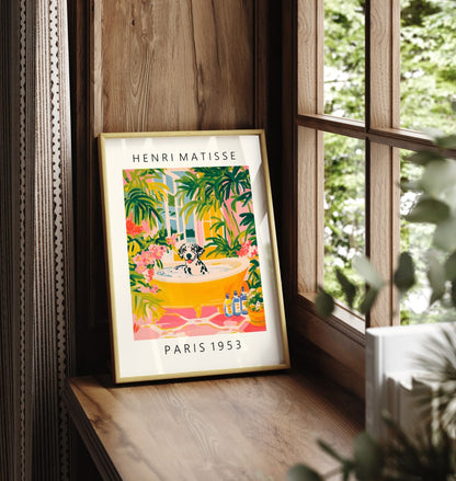 Matisse-inspired framed print featuring a Dalmatian in a bath.