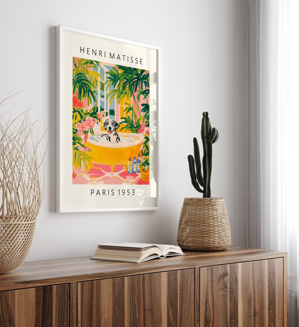 Colorful bathroom wall art of a Dalmatian in a tropical setting.