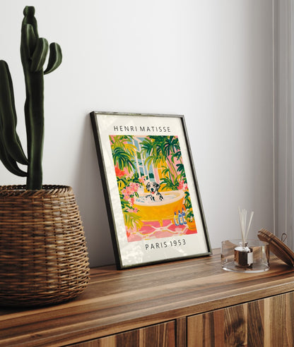 Framed artwork of a Dalmatian soaking in a vibrant floral bath scene.