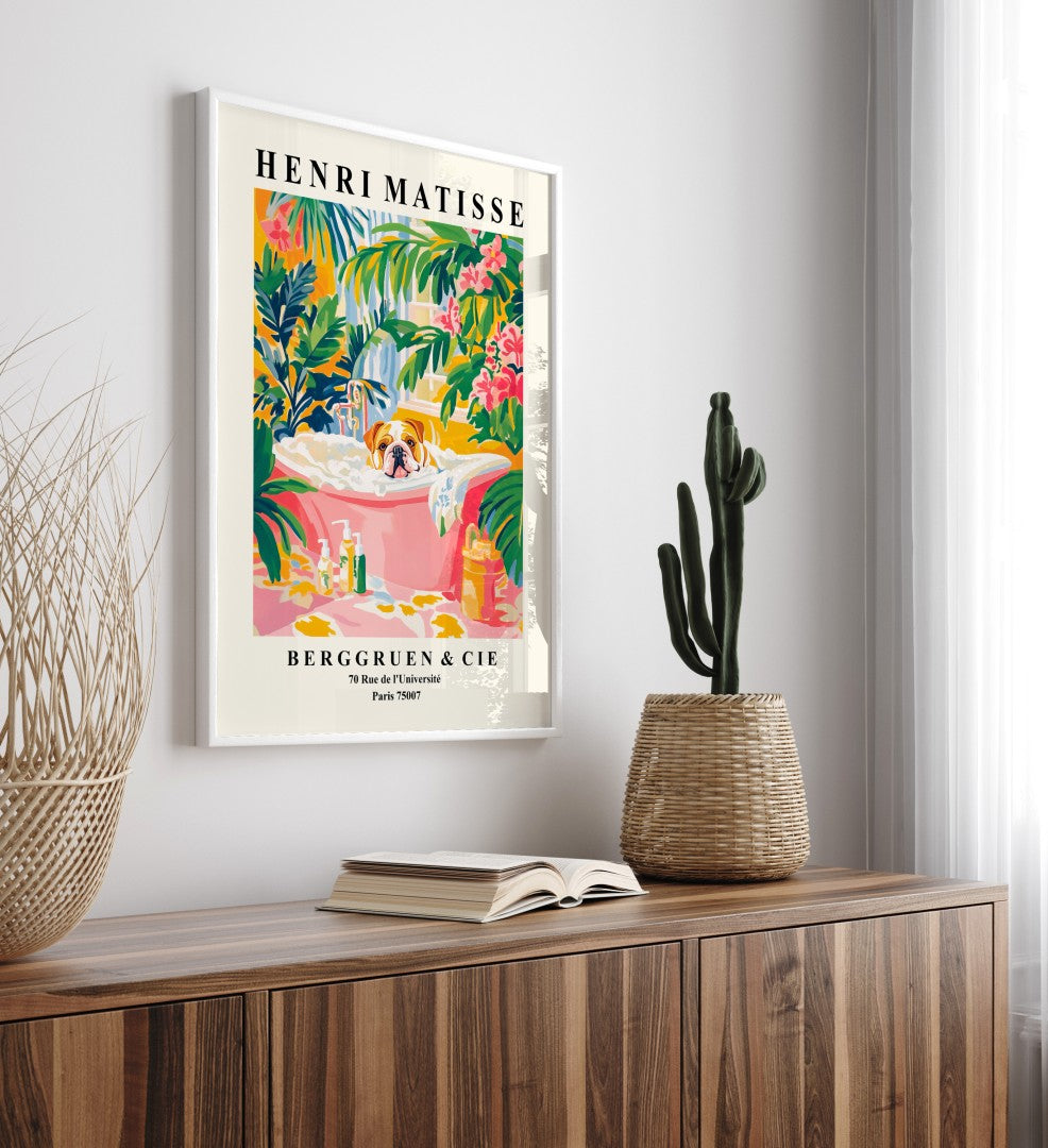 Wall decor for bathroom featuring a Bulldog in a playful tropical scene.