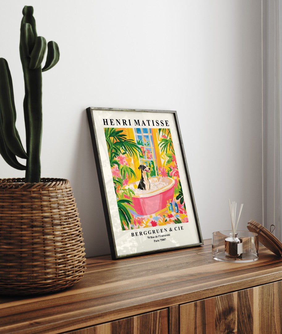 Wall decor for bathroom with a Greyhound in a pink tub and lush plants.