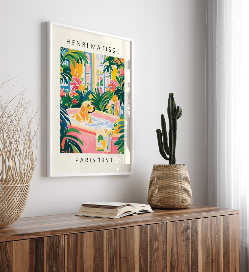 Labrador framed print with tropical flowers and greenery.