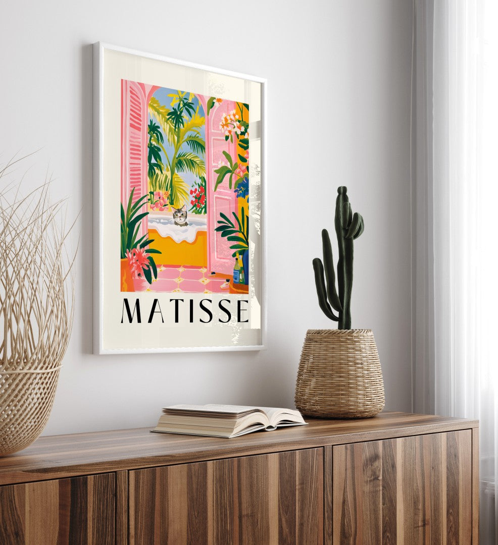 Matisse style framed wall art featuring a cat in a whimsical bath setting.