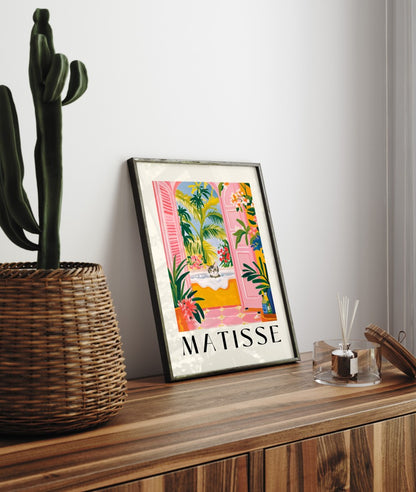 Framed cat artwork for bathroom walls with pink, green, and tropical details.