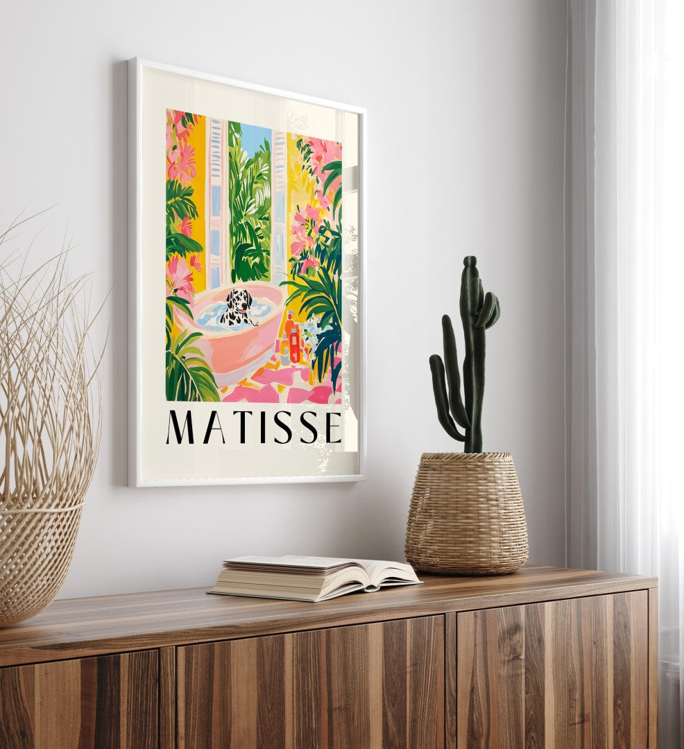 Dalmatian wall art with tropical flowers and lush greenery.