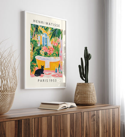 Matisse-inspired framed wall art featuring a black cat and floral details.