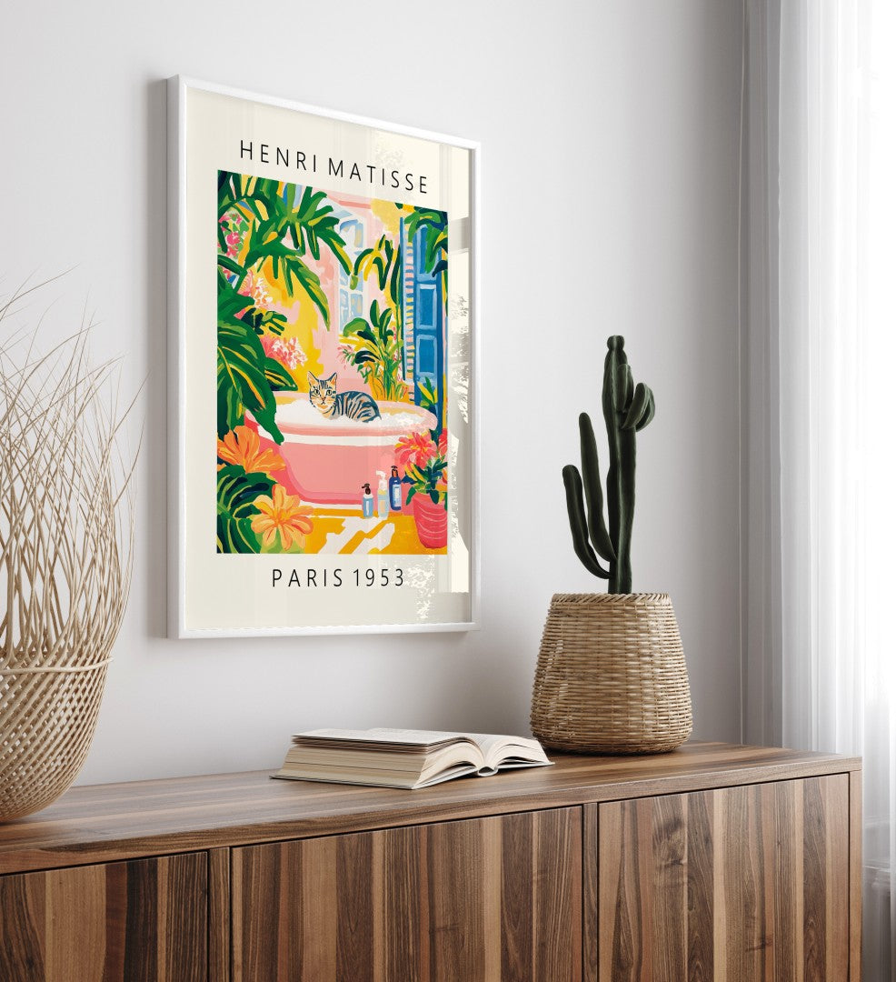 Matisse-inspired framed wall art featuring a tabby cat in a tropical setting.