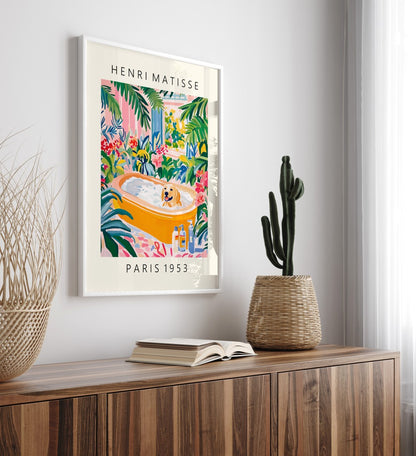 Labrador framed artwork with tropical flowers and greenery.