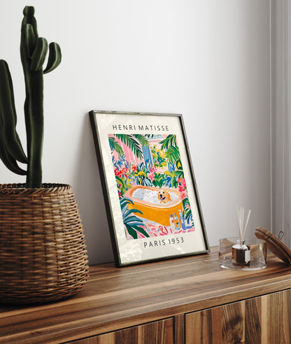 Wall decor for bathroom featuring a Labrador in a yellow tub.