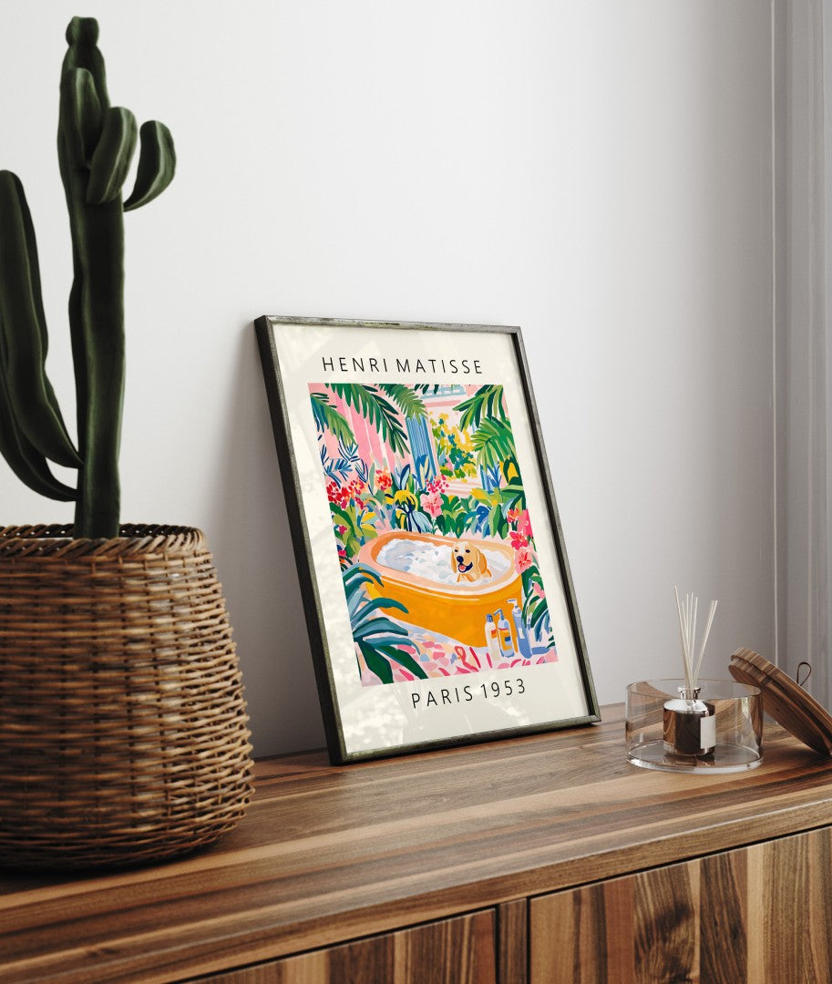 Wall decor for bathroom featuring a Labrador in a yellow tub.