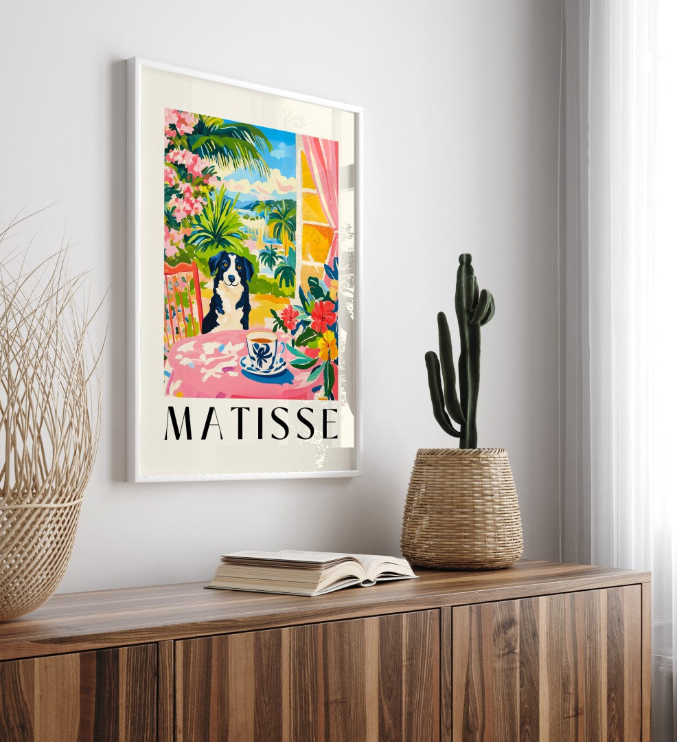 Whimsical Border Collie framed art print on terrace with seaside background