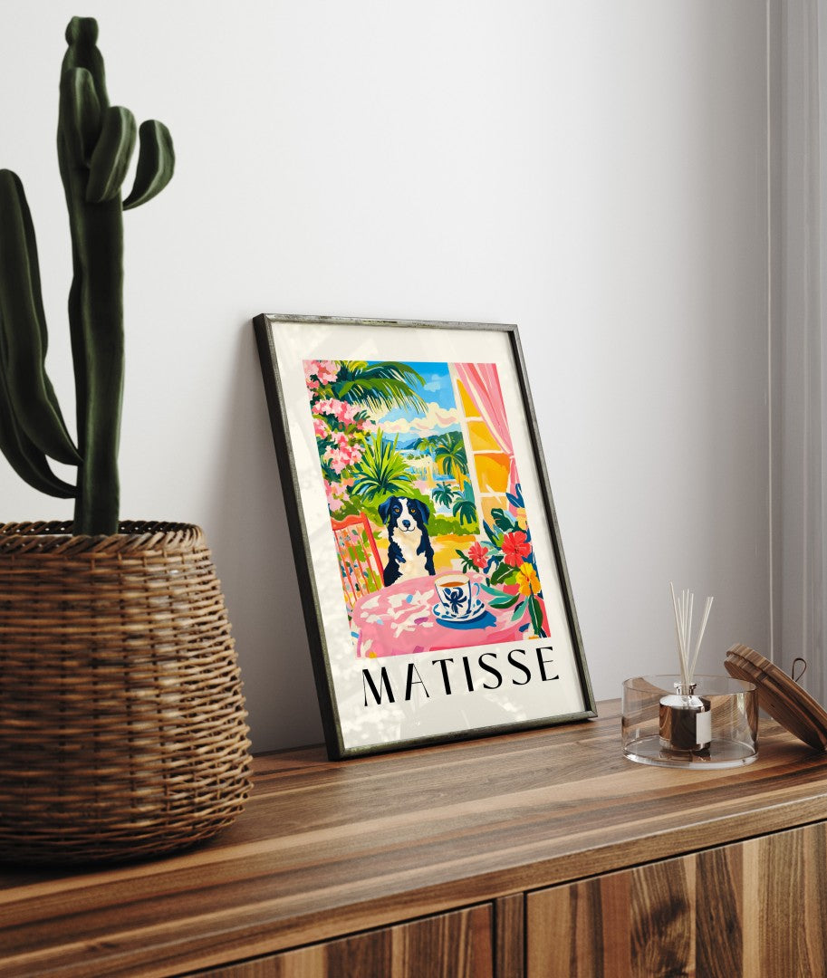 Colorful Henri Matisse inspired framed art print with Border Collie and cup on table