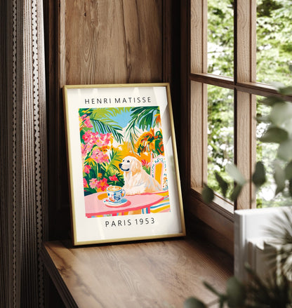 Framed Great Pyrenees art print with coffee cup and tropical plants in Matisse style