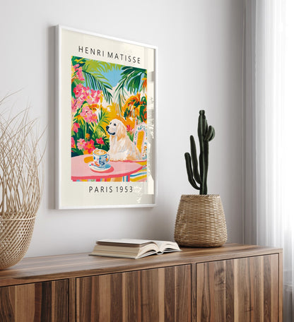 Whimsical Great Pyrenees framed art print at café table with bold colors